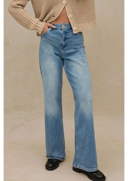 Kadın Geniş Paça Esnek Kot Pantolon Orta Mavi Denim