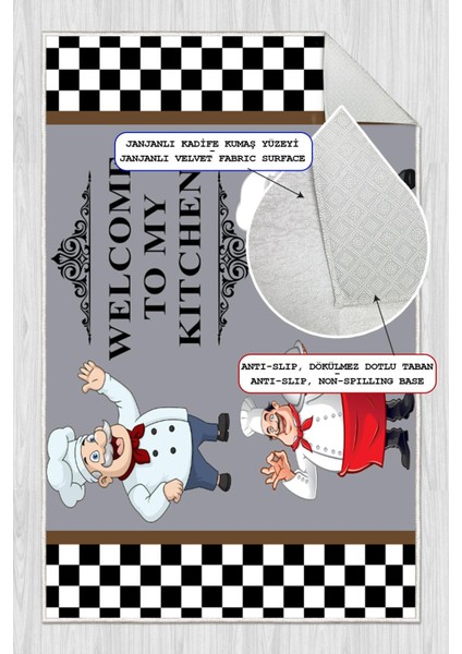 Dijital Baskılı Dekoratif Kaymaz Taban Yıkanabilir Aşçı Desenli Mutfak Halısı modelleri