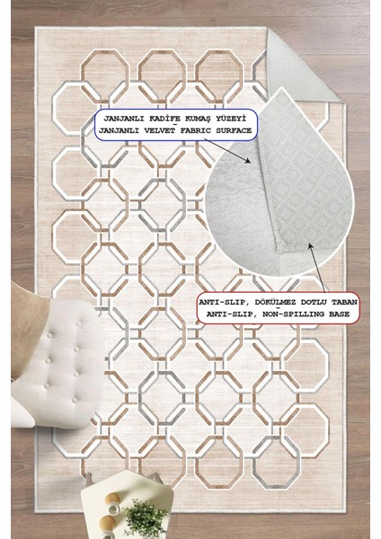 Geometrik Desenli Dekoratif Kaymaz Taban Yıkanabilir Salon Halısı