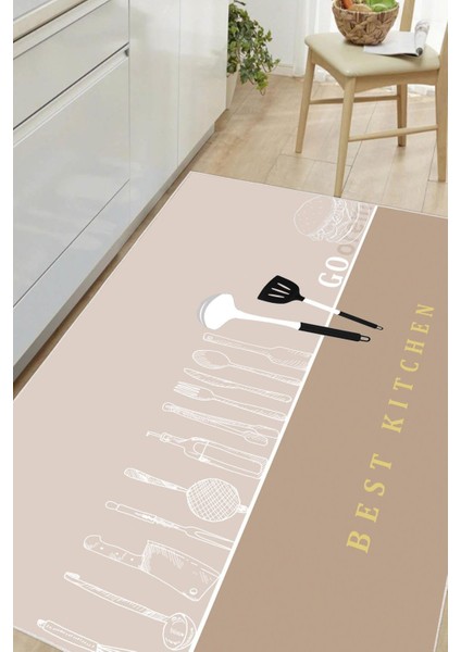 Dijital Baskılı Dekoratif Kaymaz Taban Yıkanabilir Best Kitchen Desenli Mutfak Halısı