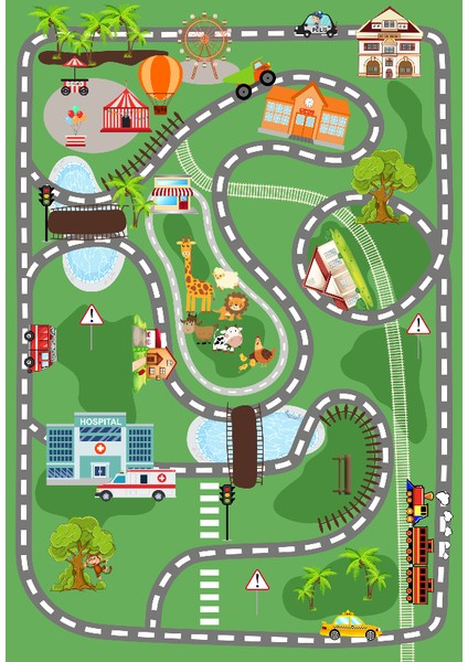 Dijital Baskılı Dekoratif Kaymaz Taban Yıkanabilir Trafik Parkı Temalı Modern Çocuk Halısı modelleri