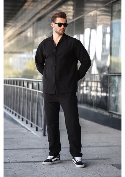 Siyah Rahat Kesim Erkek Keten Gömlek Pantolon Takım E7327 fiyatları