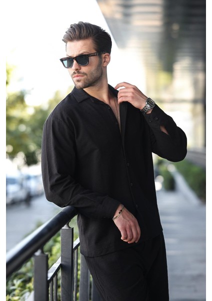 Siyah Rahat Kesim Erkek Keten Gömlek Pantolon Takım E7327 modelleri