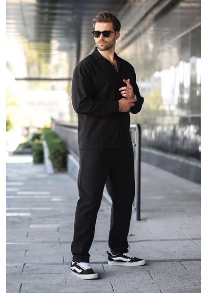 Siyah Rahat Kesim Erkek Keten Gömlek Pantolon Takım E7327 fırsatları