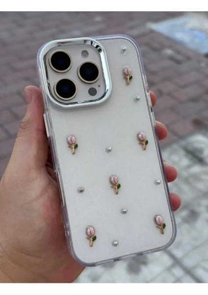 Iphone 14 Pro Max Telefon Kılıfı Renkli Bakır Detaylı Simli Gül Desenli Kapak fiyatları