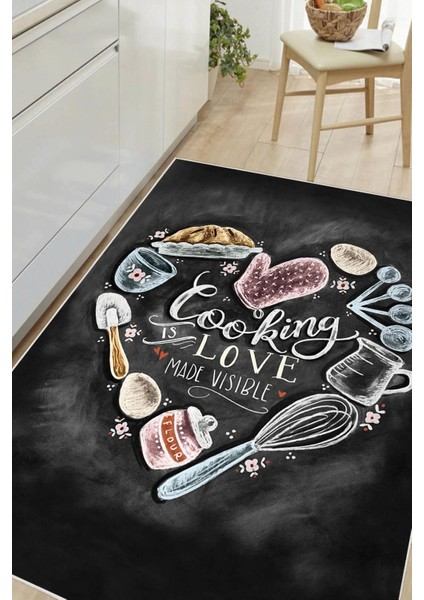 Dijital Baskılı Dekoratif Kaymaz Taban Yıkanabilir Cooking Love Mutfak Halısı