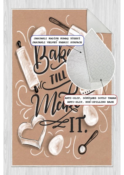 Dijital Baskılı Dekoratif Kaymaz Taban Yıkanabilir Bake Make It Desenli Mutfak Halısı fiyatları