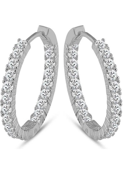 Halka Gümüş Küpe Zirkon Taşlı Rodyum Büyük