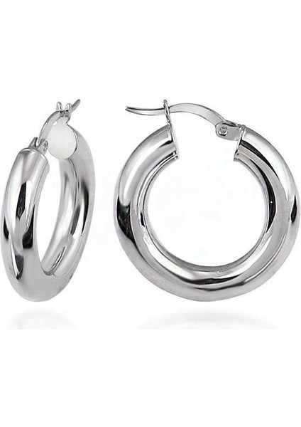 Halka Gümüş Küpe Rodyum Kalın