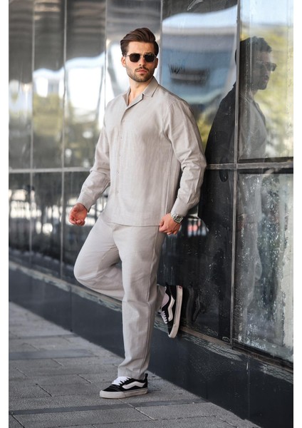 Taş Rengi Rahat Kesim Erkek Keten Gömlek Pantolon Takım E7327