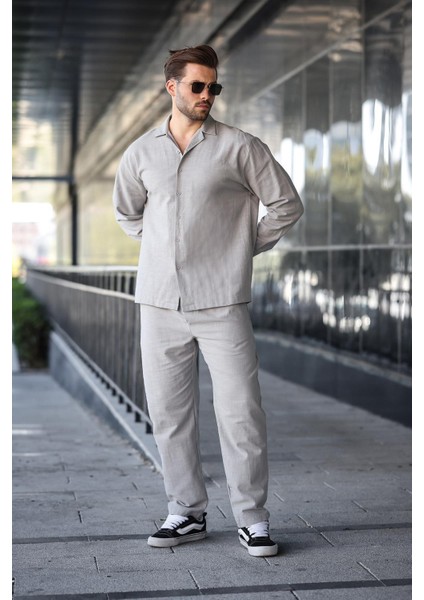 Taş Rengi Rahat Kesim Erkek Keten Gömlek Pantolon Takım E7327 fiyatları