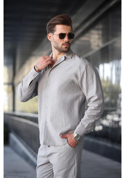 Taş Rengi Rahat Kesim Erkek Keten Gömlek Pantolon Takım E7327 modelleri