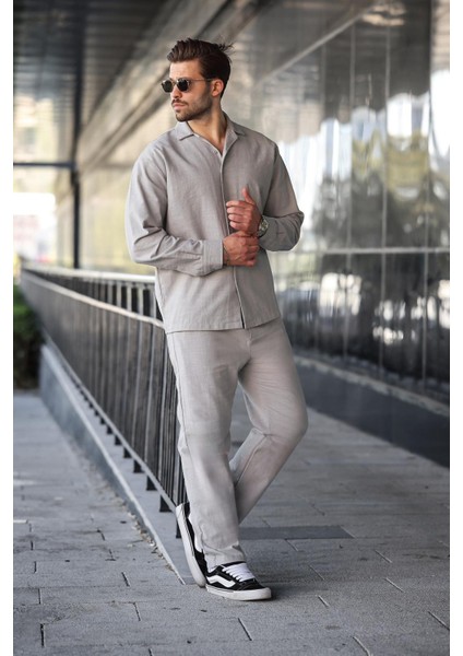 Taş Rengi Rahat Kesim Erkek Keten Gömlek Pantolon Takım E7327 fırsatları