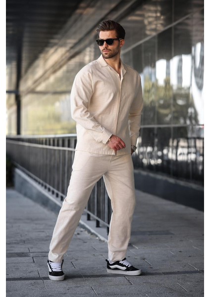 Bej Rahat Kesim Erkek Keten Gömlek Pantolon Takım E7327