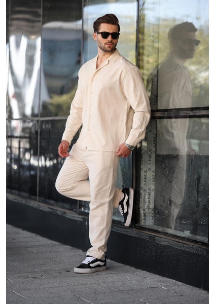 Bej Rahat Kesim Erkek Keten Gömlek Pantolon Takım E7327 fiyatları