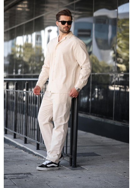 Bej Rahat Kesim Erkek Keten Gömlek Pantolon Takım E7327 modelleri
