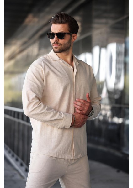 Bej Rahat Kesim Erkek Keten Gömlek Pantolon Takım E7327 fırsatları