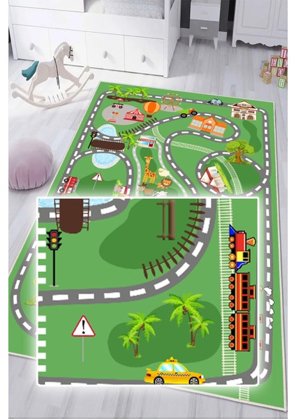 Dijital Baskılı Dekoratif Kaymaz Taban Yıkanabilir Trafik Parkı Temalı Modern Çocuk Halısı fırsatları
