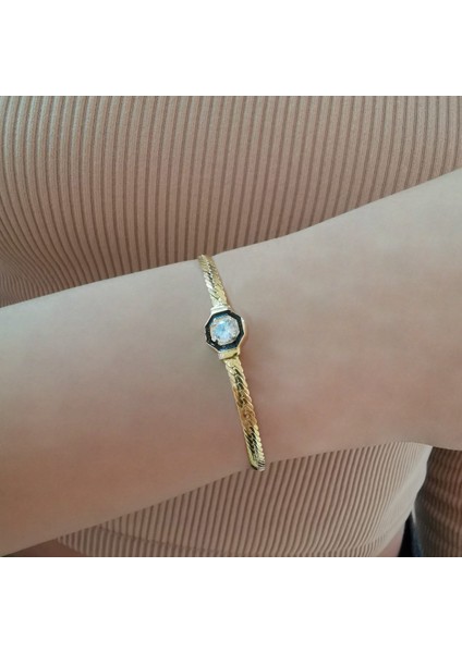Çağla Yassı Bileklik Tek Taşlı Gold