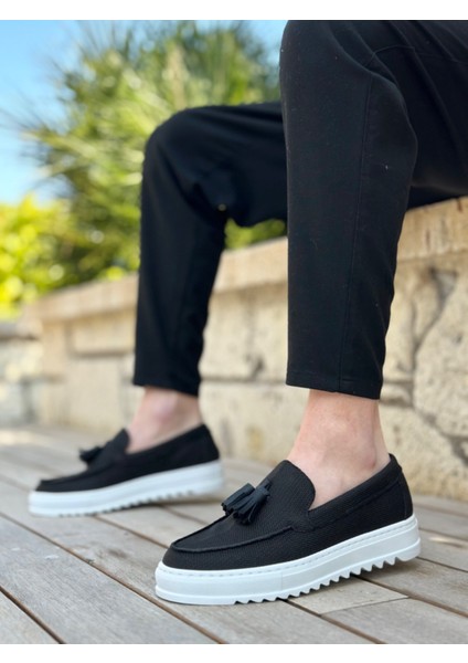 BA0154 Bağcıksız Yüksek Taban Keten Siyah Renk Püsküllü Erkek Ayakkabı modelleri
