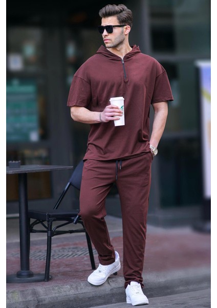 Kahverengi Erkek Over Fit Kapüşonlu Eşofman Takımı 5944