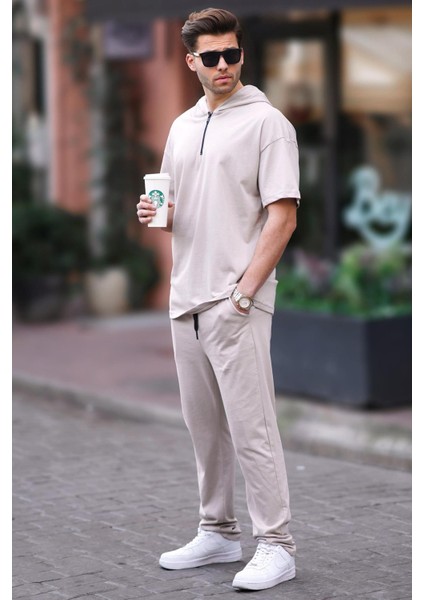 Bej Erkek Over Fit Kapüşonlu Eşofman Takımı 5944