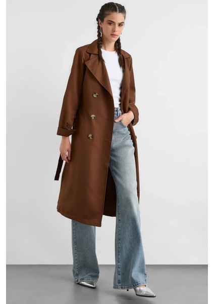 Kadın Kemerli Düğmeli Trençkot Mocha Kahvesi modelleri