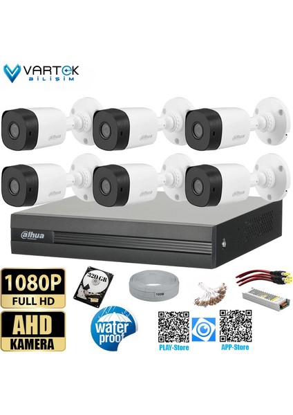 6 Kameralı 30M Gece Görüşlü Full Hd Güvenlik Kamera Seti 2mp Bullet 3.6mm HAC-B1A21-0360B