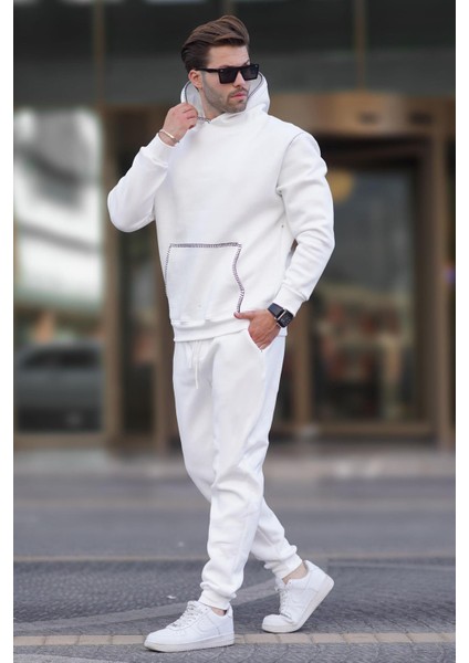 Ekru Erkek Kapüşonlu Paçası Lastikli Eşofman Takımı 7045