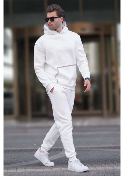 Ekru Erkek Kapüşonlu Paçası Lastikli Eşofman Takımı 7045 modelleri