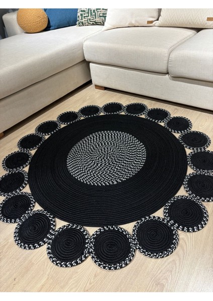 Siyah Jüt Hasırlı El Örgüsü Kilim Halı Hasır Yuvarlak
