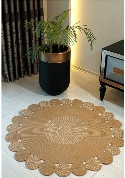 Bej Jüt Hasırlı El Örgüsü Kilim Halı Hasır Yuvarlak