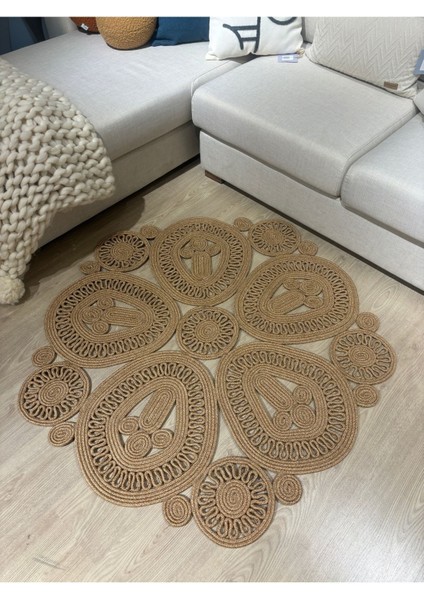 Melody Jüt Doğal Hasır Kilim Bej Geometrik Bohem Yuvarlak El Örmesi Halı