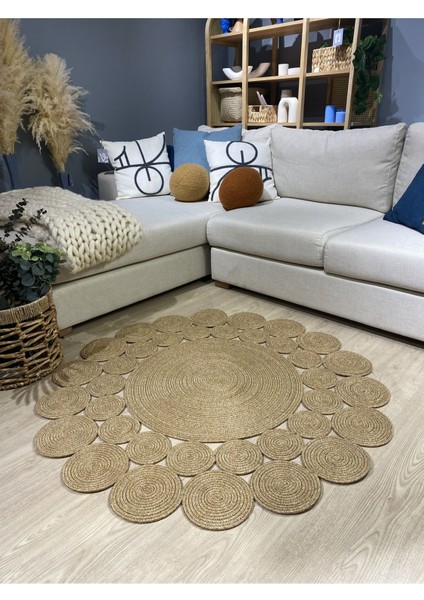 Hasır Jüt Çiçek Desenli Kilim Halı