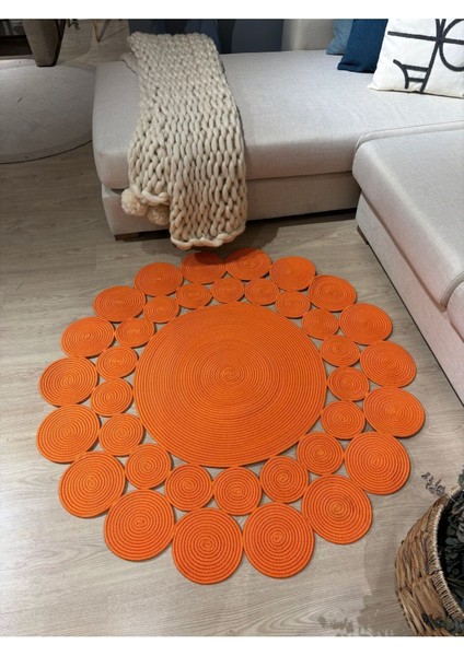 Turuncu Hasır Jüt Çiçek Desenli Kilim Halı