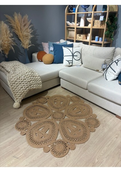 Melody Jüt Doğal Hasır Kilim Bej Geometrik Bohem Yuvarlak El Örmesi Halı fırsatları