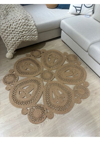 Melody Jüt Doğal Hasır Kilim Bej Geometrik Bohem Yuvarlak El Örmesi Halı