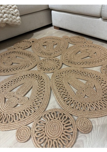 Melody Jüt Doğal Hasır Kilim Bej Geometrik Bohem Yuvarlak El Örmesi Halı indirimleri