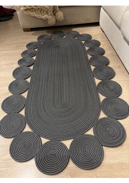 Oval Papatya Hasır Jüt Çiçek Desenli Kilim Halı