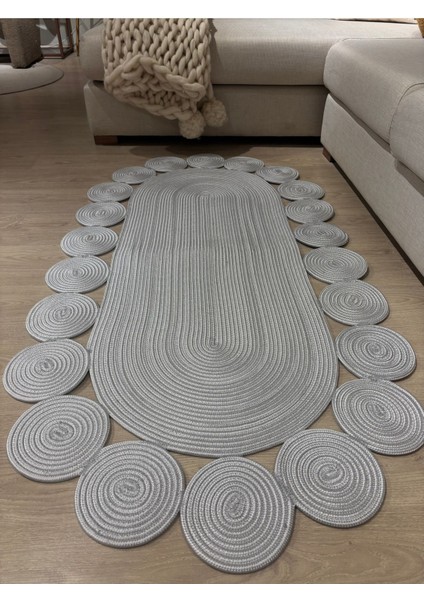 Oval Papatya Hasır Jüt Çiçek Desenli Kilim Halı