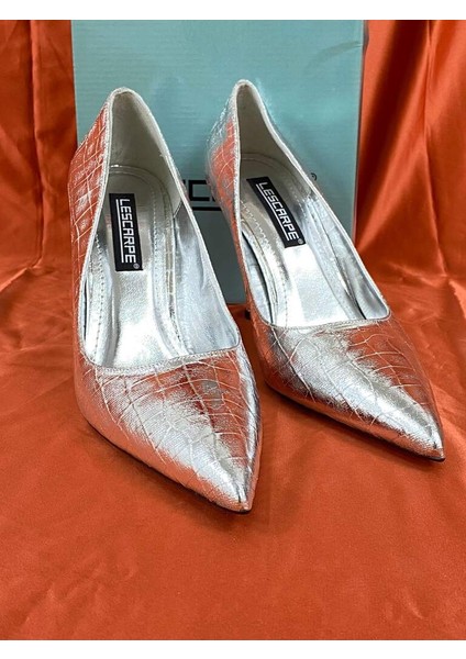 LES010 Gümüş Desenli Rugan Sivri Burun Kadın Topuklu Ayakkabı Stiletto modelleri