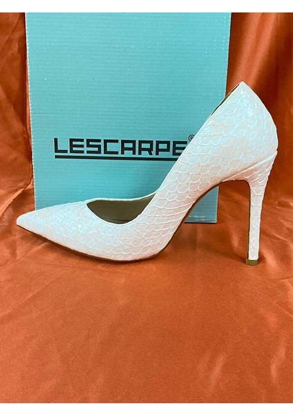 LES011 Krem Yılan Derisi Desenli Stiletto Kadın Topuklu Ayakkabı