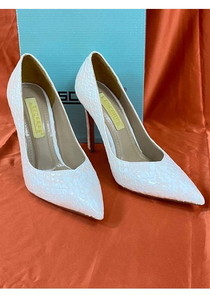 LES011 Krem Yılan Derisi Desenli Stiletto Kadın Topuklu Ayakkabı modelleri