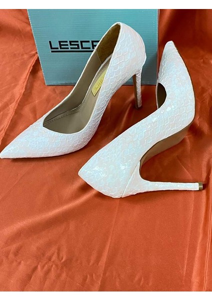 LES011 Krem Yılan Derisi Desenli Stiletto Kadın Topuklu Ayakkabı indirimleri