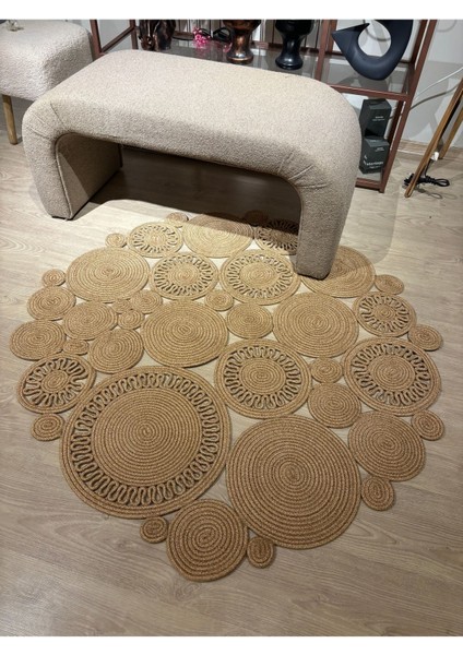 Harmony Jüt Doğal Hasır Kilim Bej Geometrik Bohem Yuvarlak El Örmesi Halı