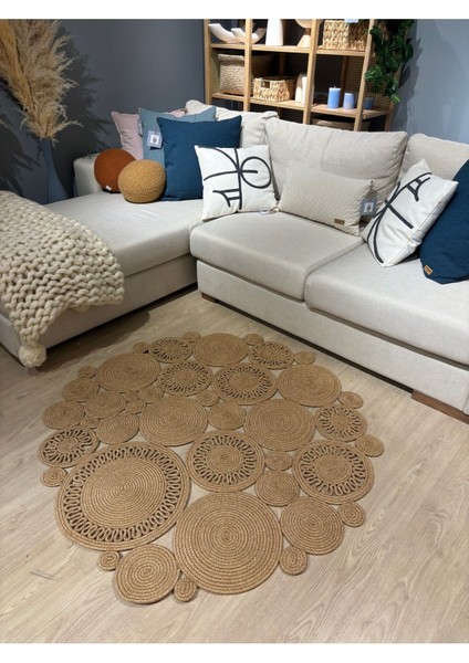 Harmony Jüt Doğal Hasır Kilim Bej Geometrik Bohem Yuvarlak El Örmesi Halı fiyatları