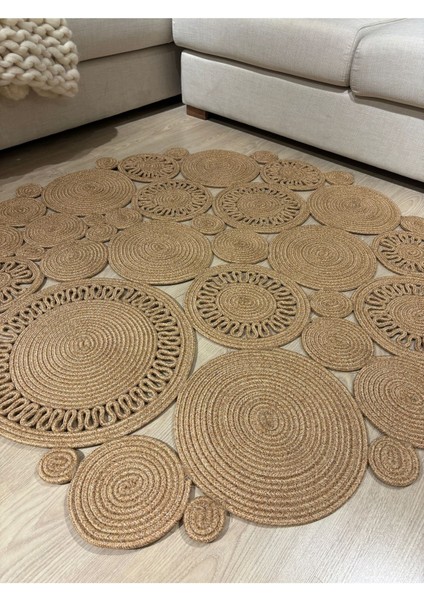 Harmony Jüt Doğal Hasır Kilim Bej Geometrik Bohem Yuvarlak El Örmesi Halı modelleri
