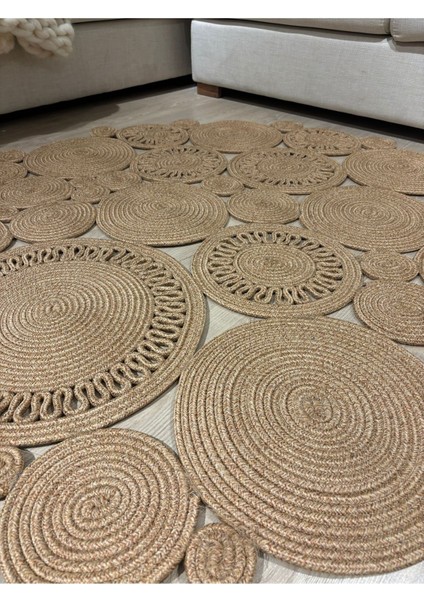 Harmony Jüt Doğal Hasır Kilim Bej Geometrik Bohem Yuvarlak El Örmesi Halı fırsatları