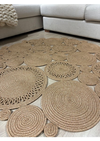 Harmony Jüt Doğal Hasır Kilim Bej Geometrik Bohem Yuvarlak El Örmesi Halı indirimleri