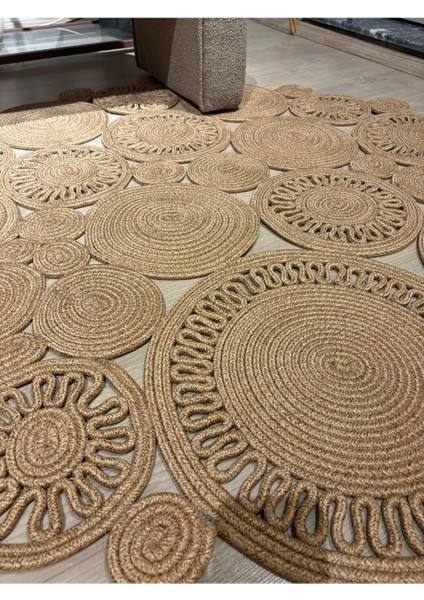 Harmony Jüt Doğal Hasır Kilim Bej Geometrik Bohem Yuvarlak El Örmesi Halı